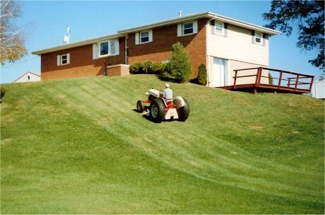 Mowing up a hill (that's steeper than it looks) is easy for the 8N. But don't try this on wet grass. Trust me.